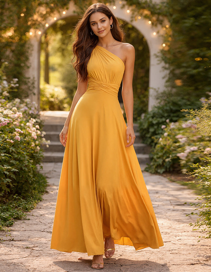 Vestido largo amarillo con escote palabra de honor