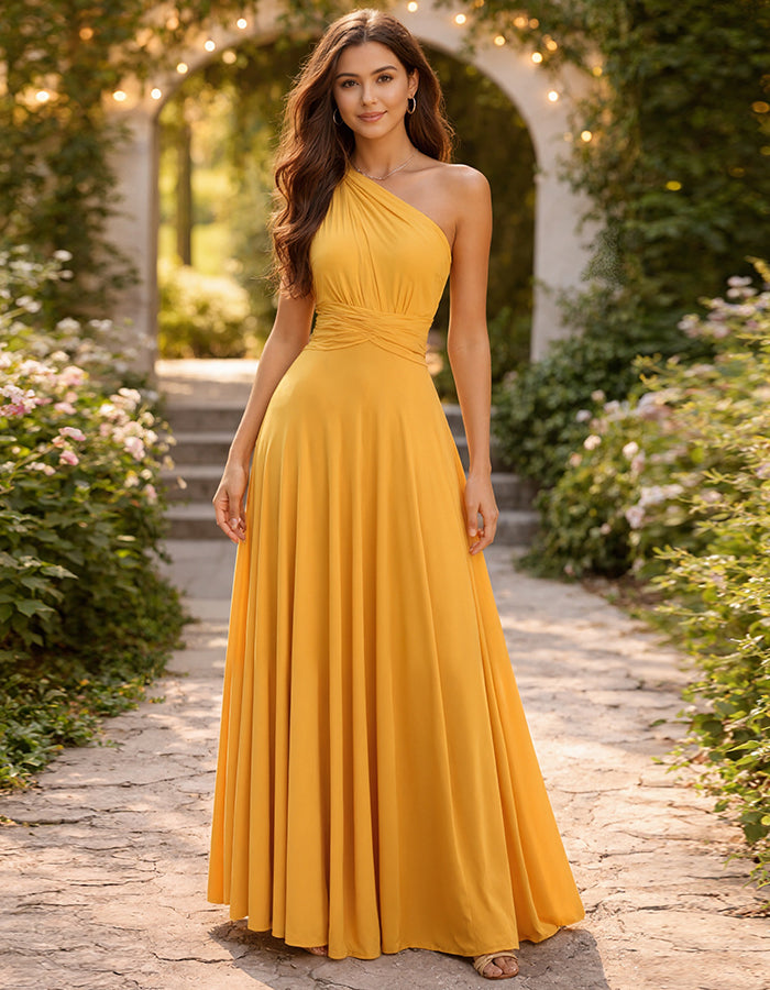 Vestido largo amarillo con escote palabra de honor