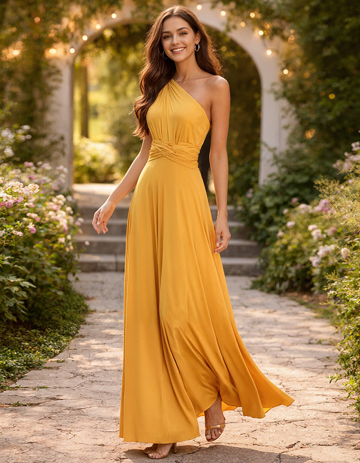 Vestido largo amarillo con escote palabra de honor