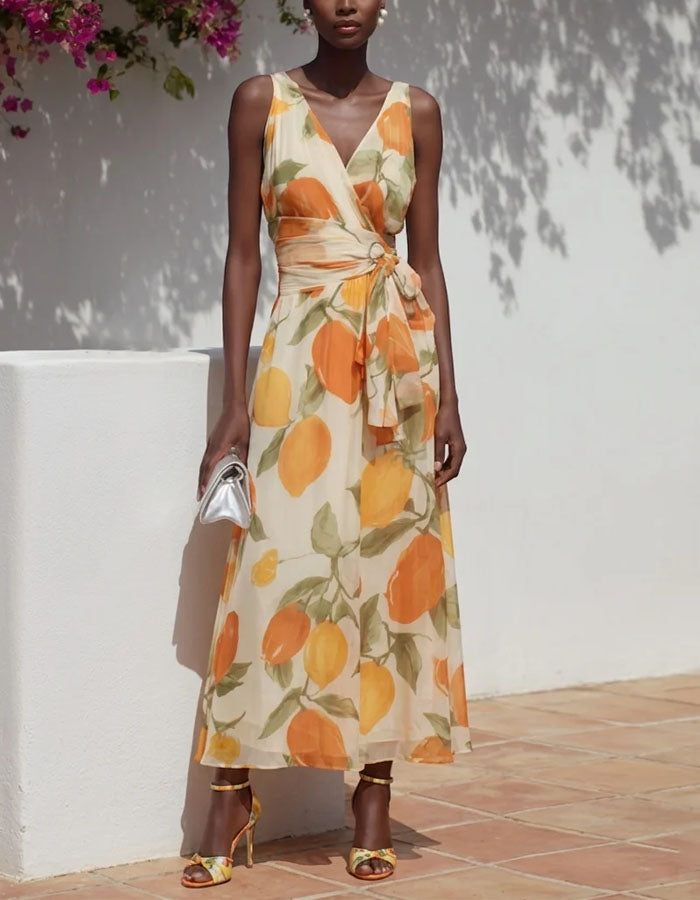Vestido largo cruzado de gasa con estampado de cítricos