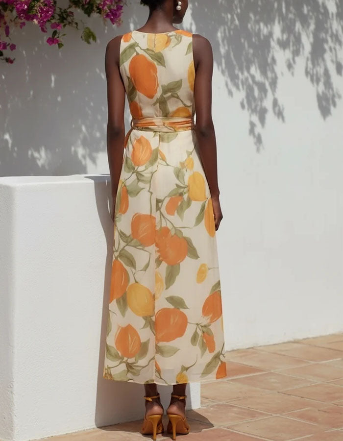 Vestido largo cruzado de gasa con estampado de cítricos