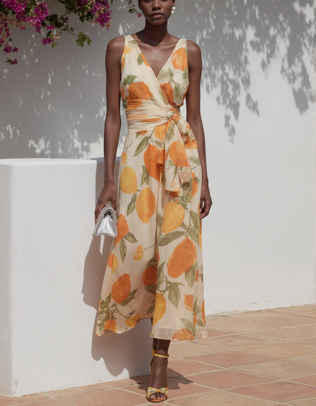 Vestido largo cruzado de gasa con estampado de cítricos
