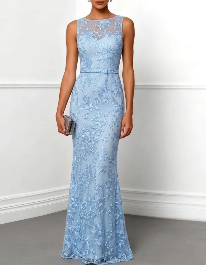 Vestido largo sirena de encaje floral azul claro