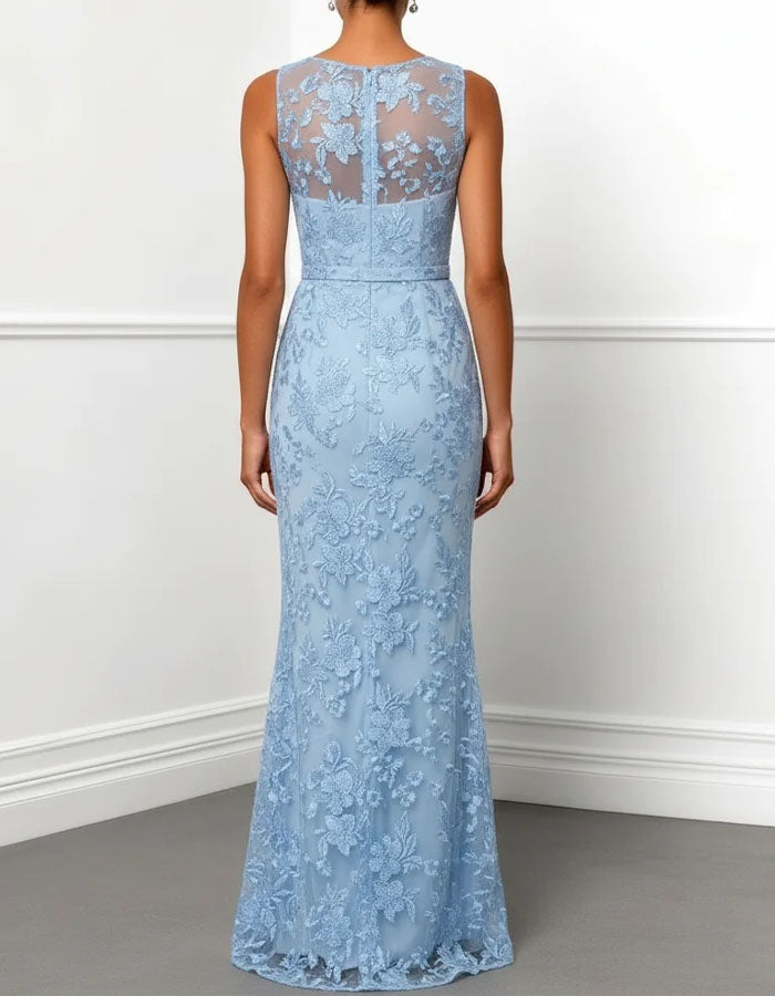 Vestido largo sirena de encaje floral azul claro