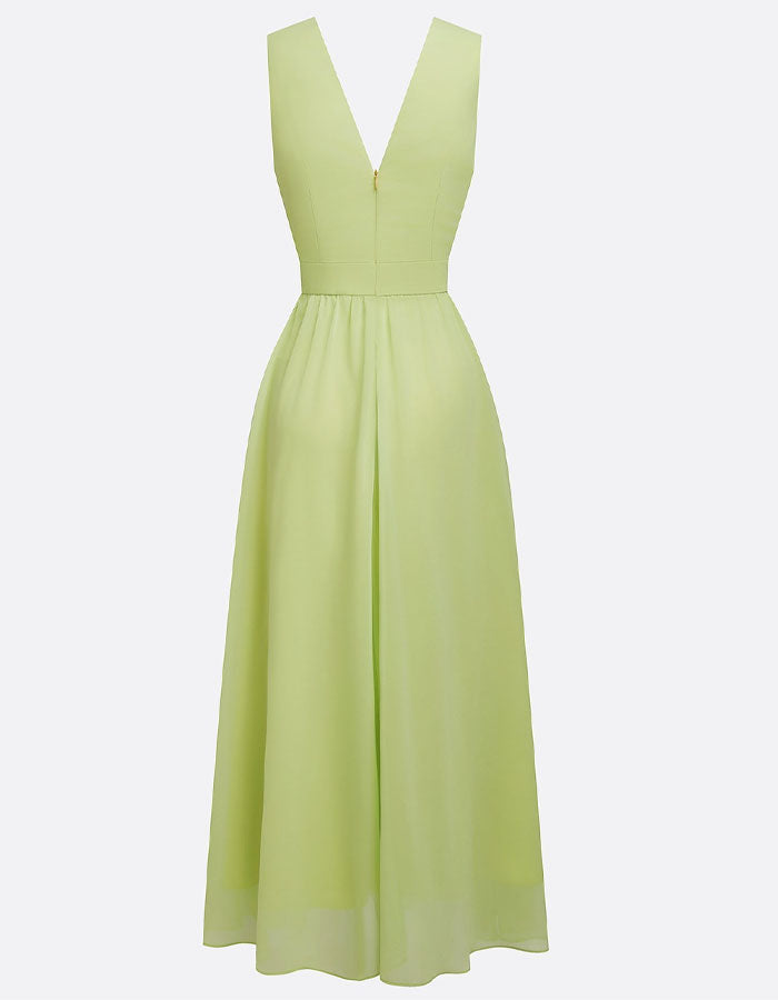 Vestido largo de gasa verde amarilla con escote en v