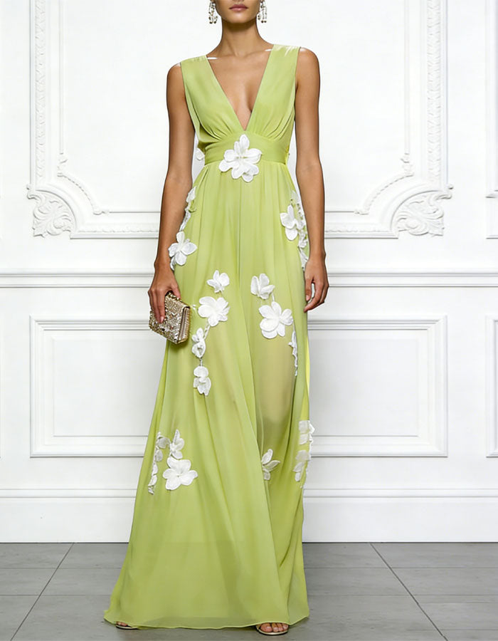 Vestido largo de gasa verde amarilla con escote en v