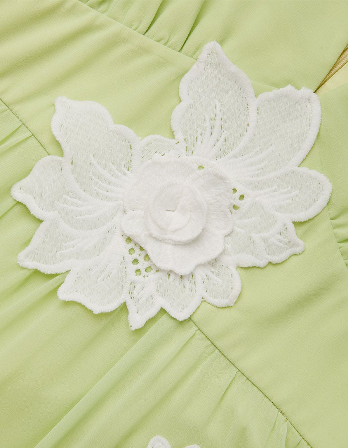 Vestido largo de gasa verde amarilla con escote en v