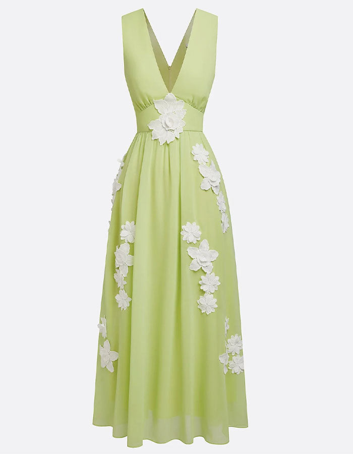Vestido largo de gasa verde amarilla con escote en v