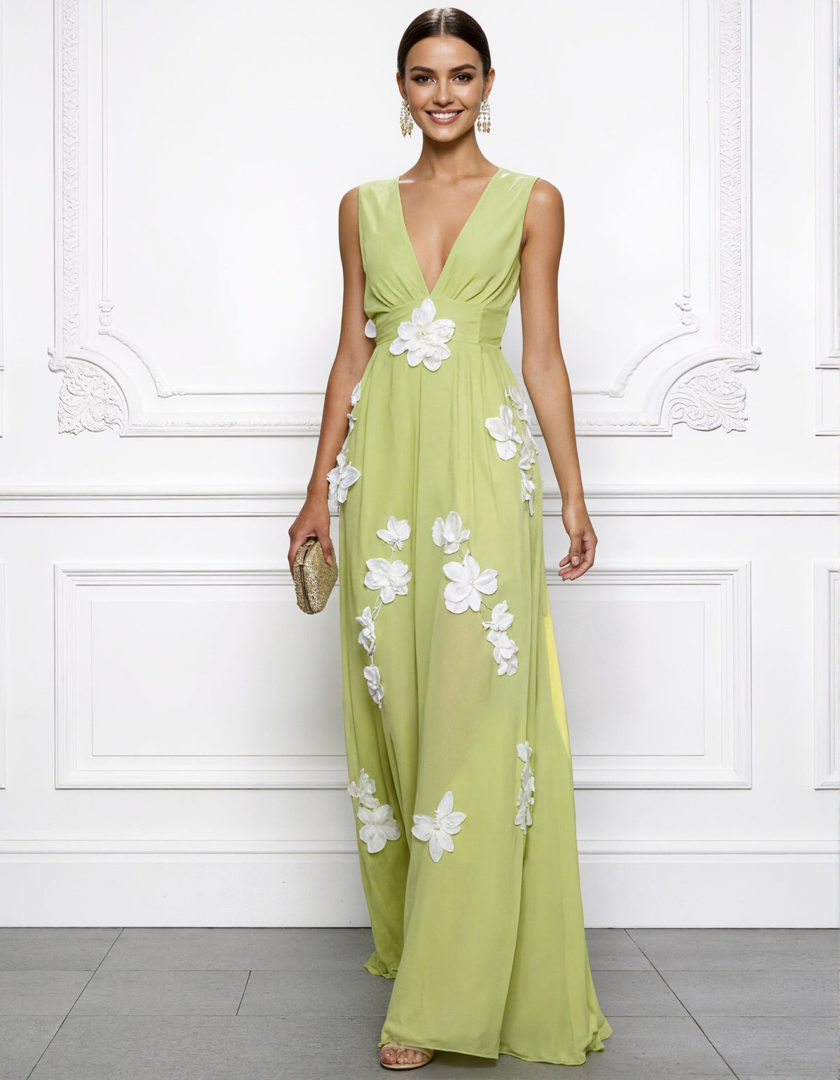 Vestido largo de gasa verde amarilla con escote en v