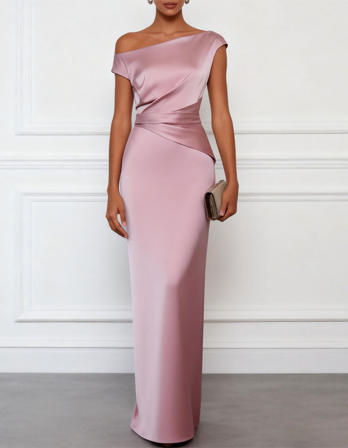Vestido largo asimétrico de raso rosa grisáceo