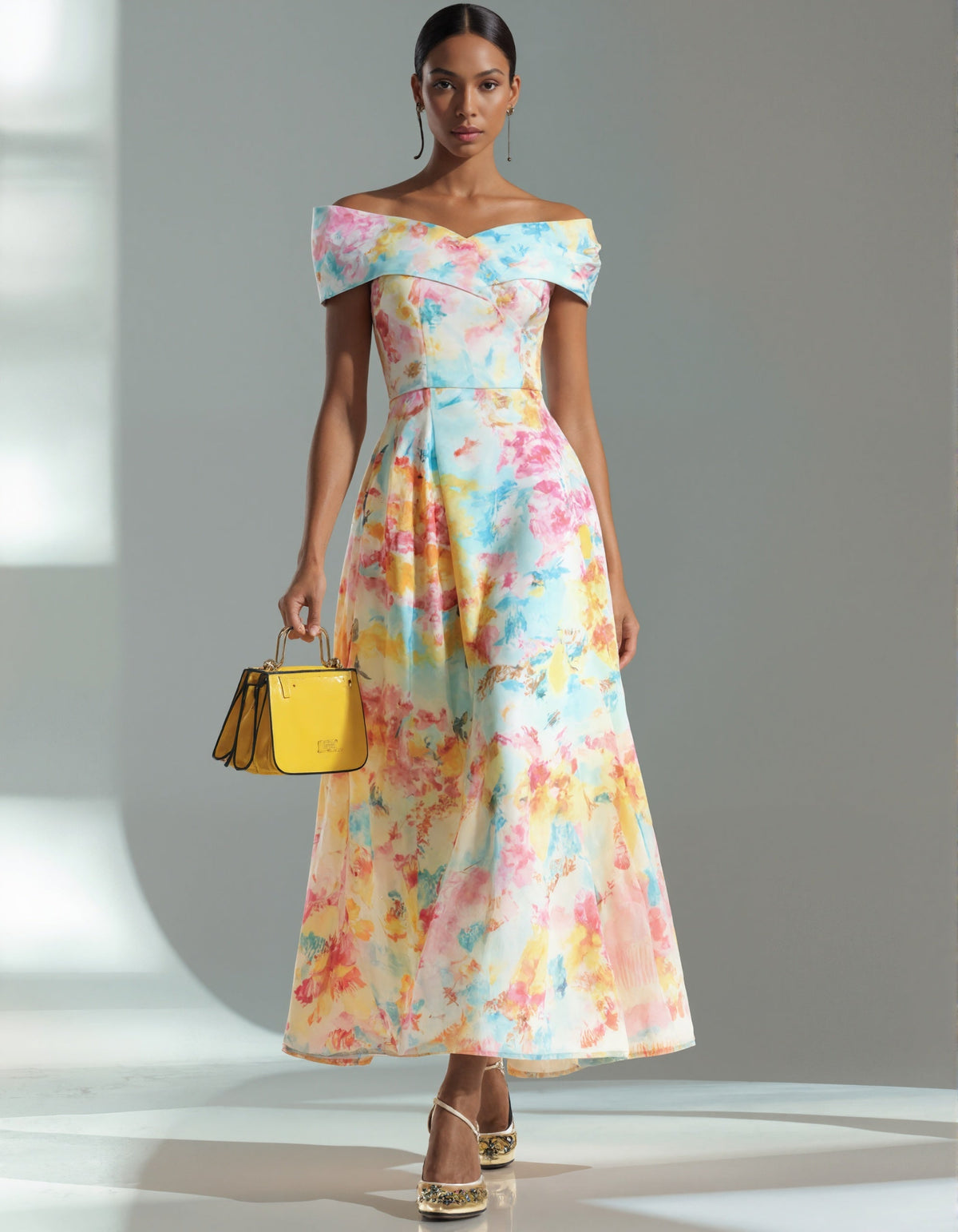 Vestido largo escote hombros caídos estampado acuarela