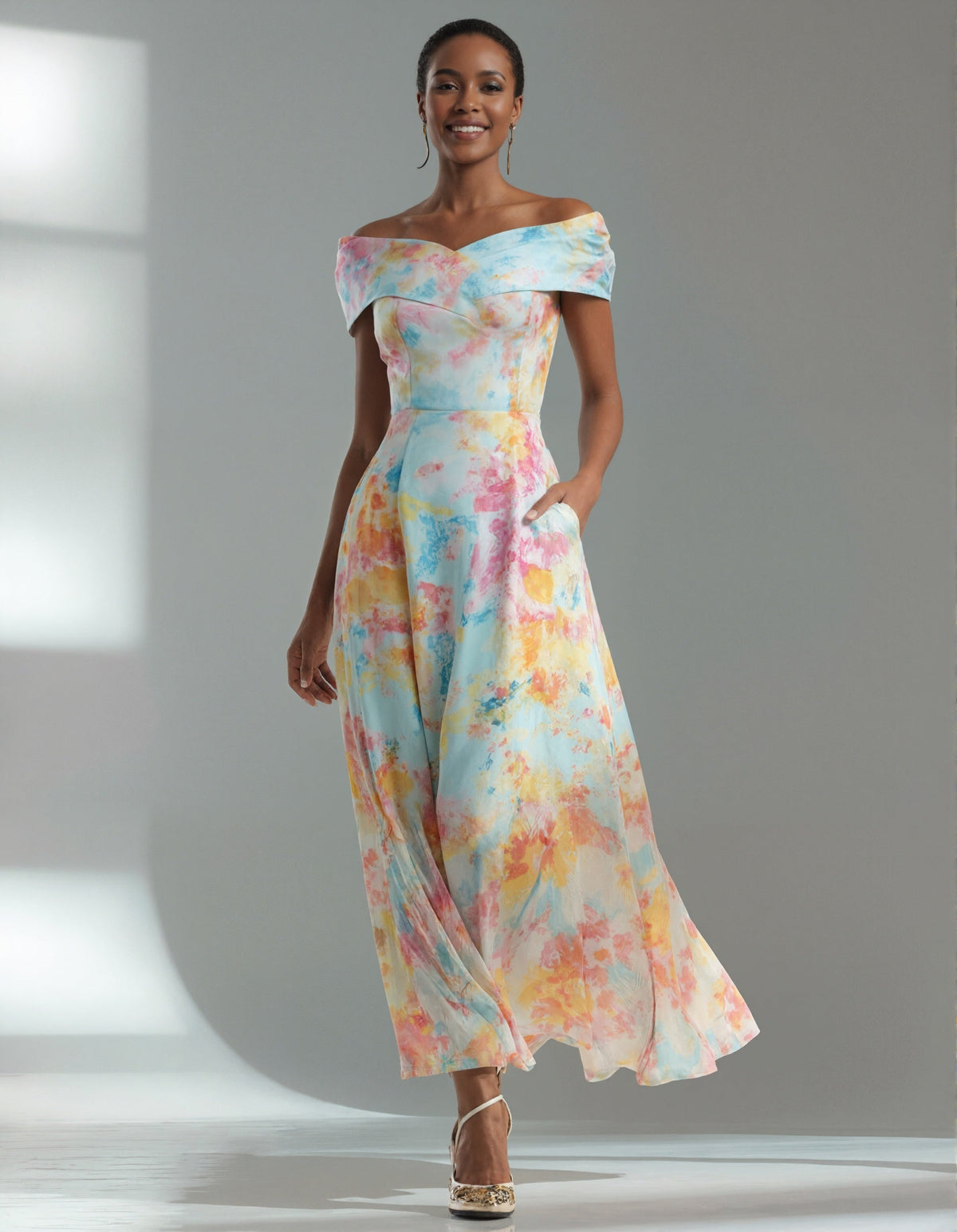 Vestido largo escote hombros caídos estampado acuarela