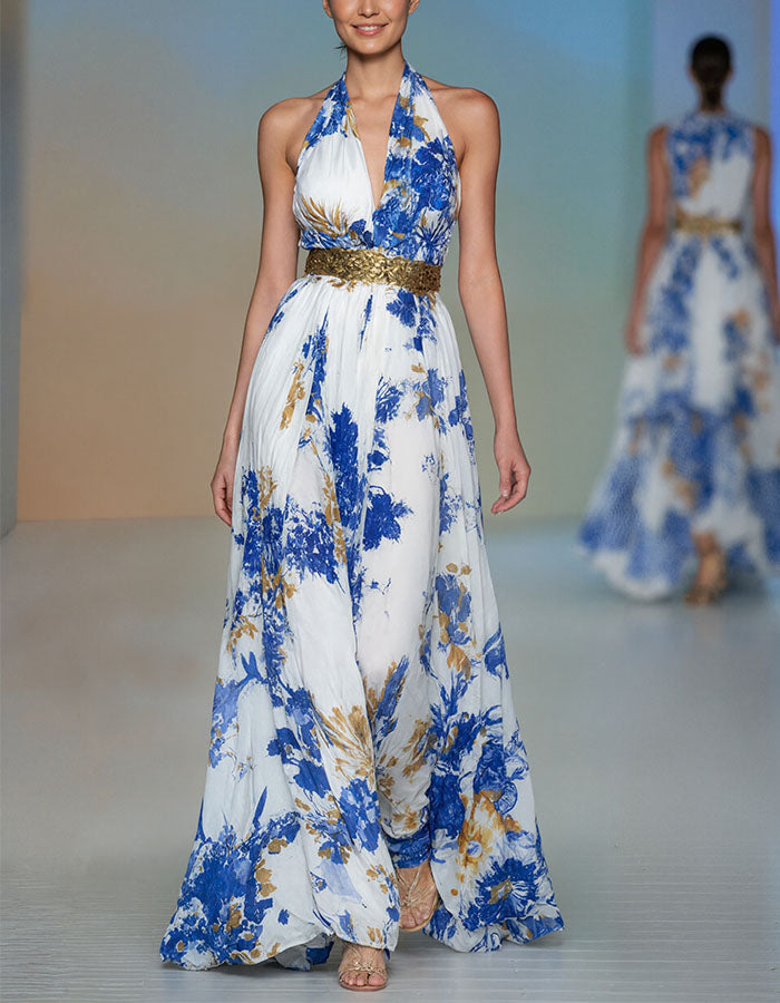 Vestido largo blanco con estampado floral