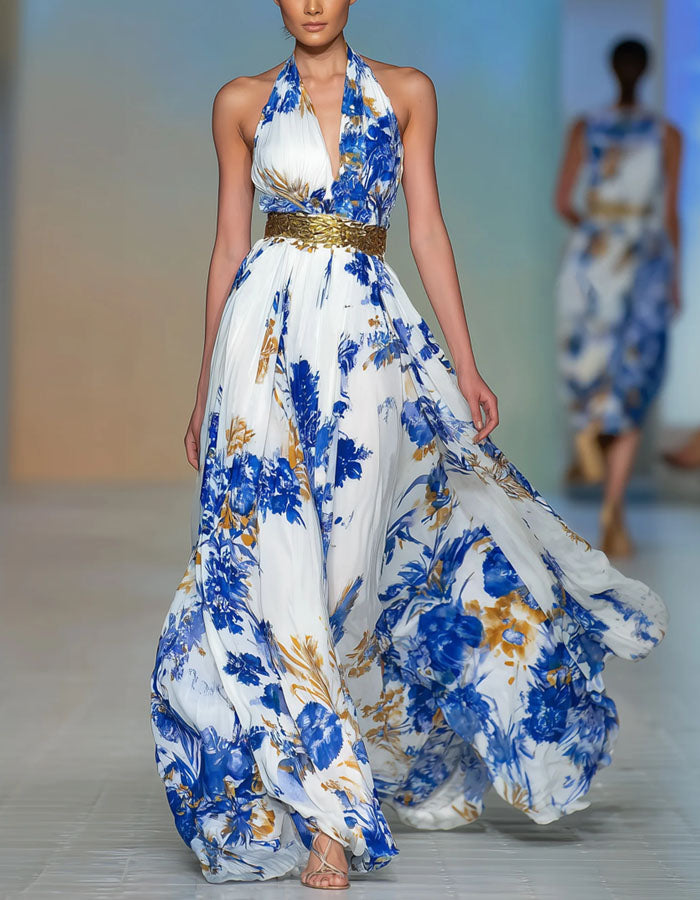 Vestido largo blanco con estampado floral