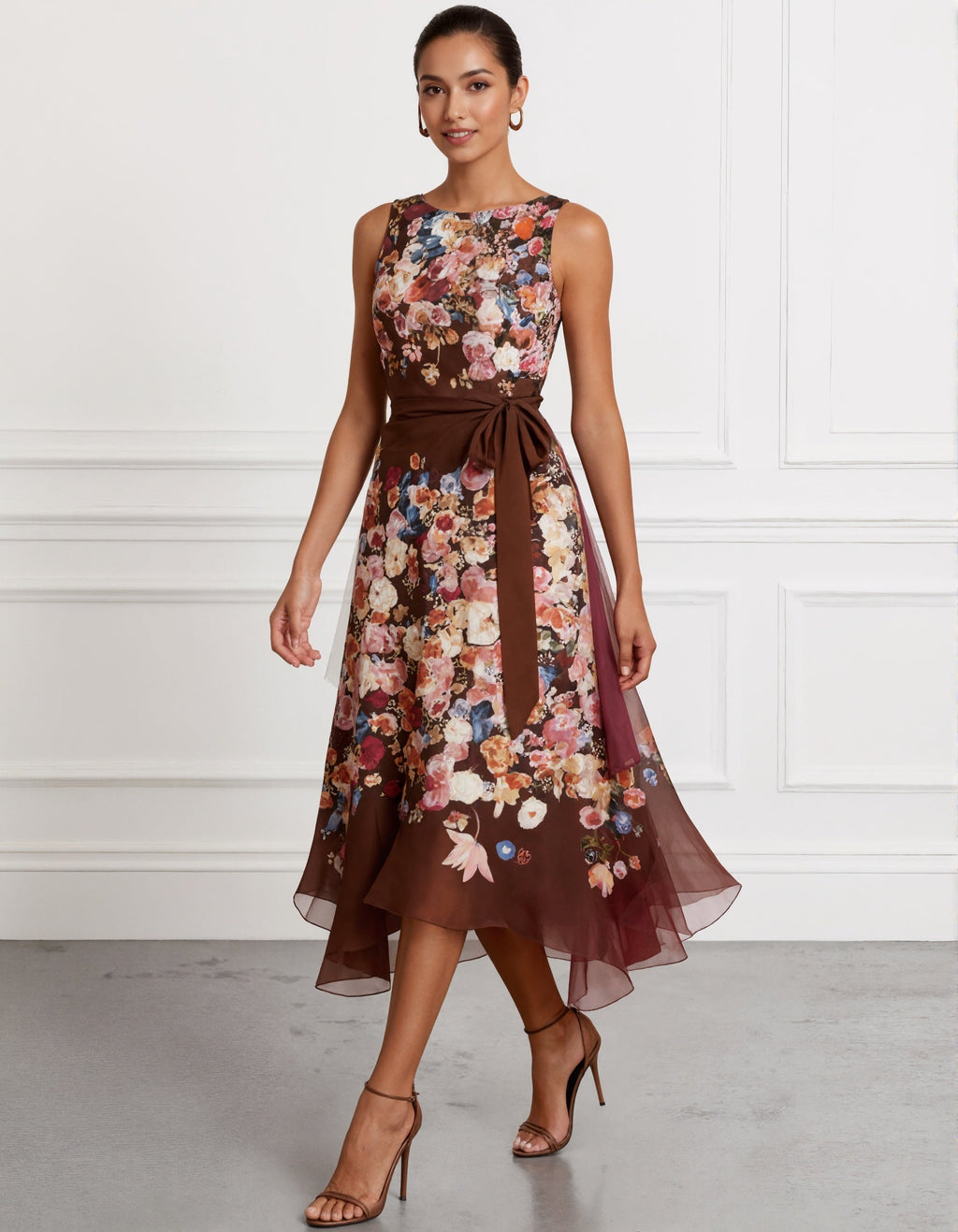 Vestido midi marrón estampado