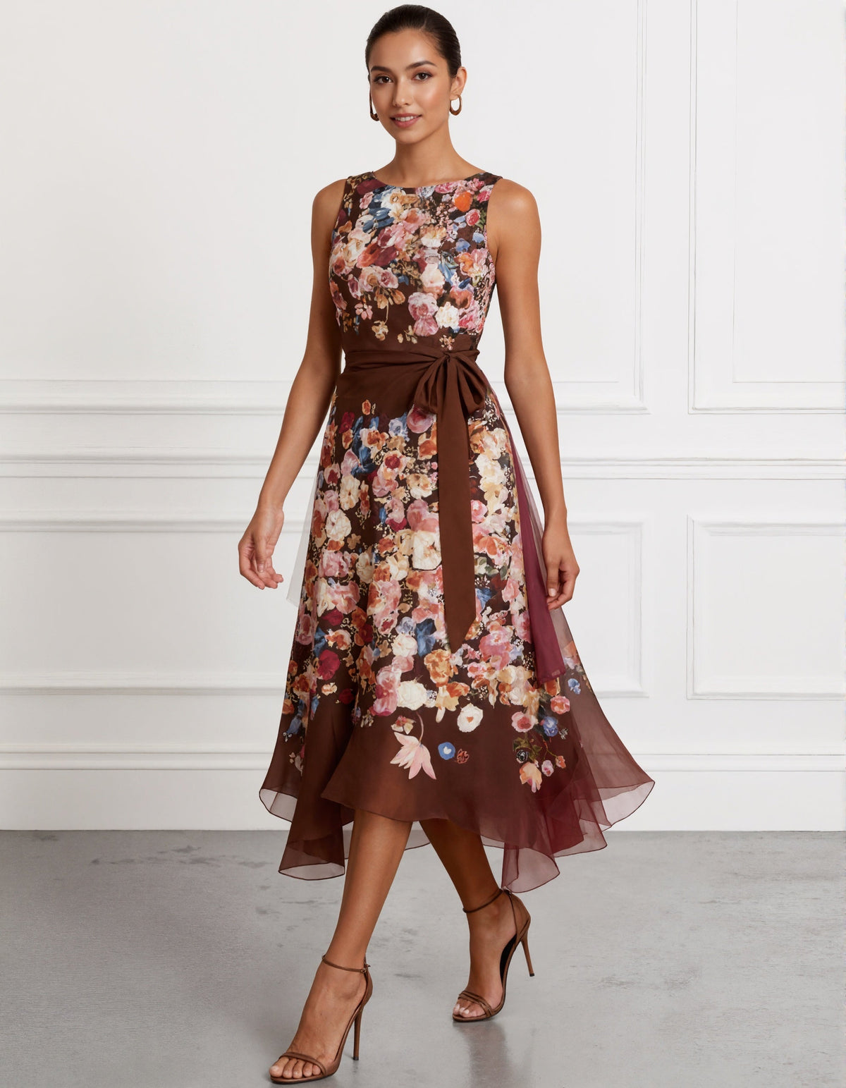 Vestido midi marrón estampado