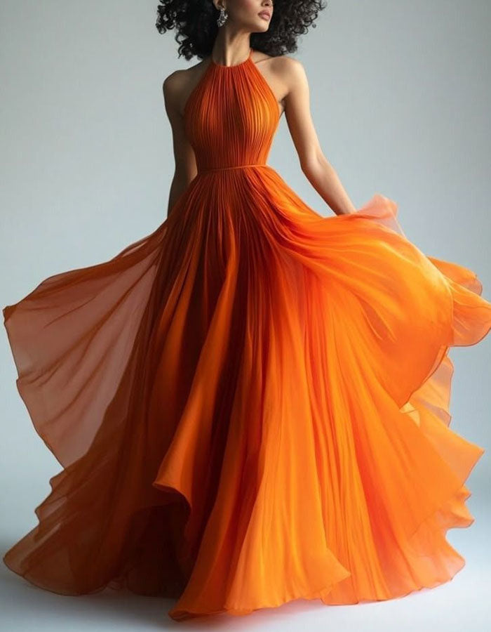 Vestido largo naranja de chifón plisado
