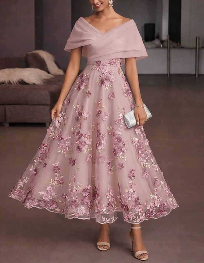 Vestido largo rosa de hombros descubiertos