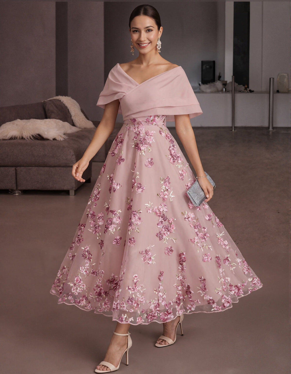 Vestido largo rosa de hombros descubiertos