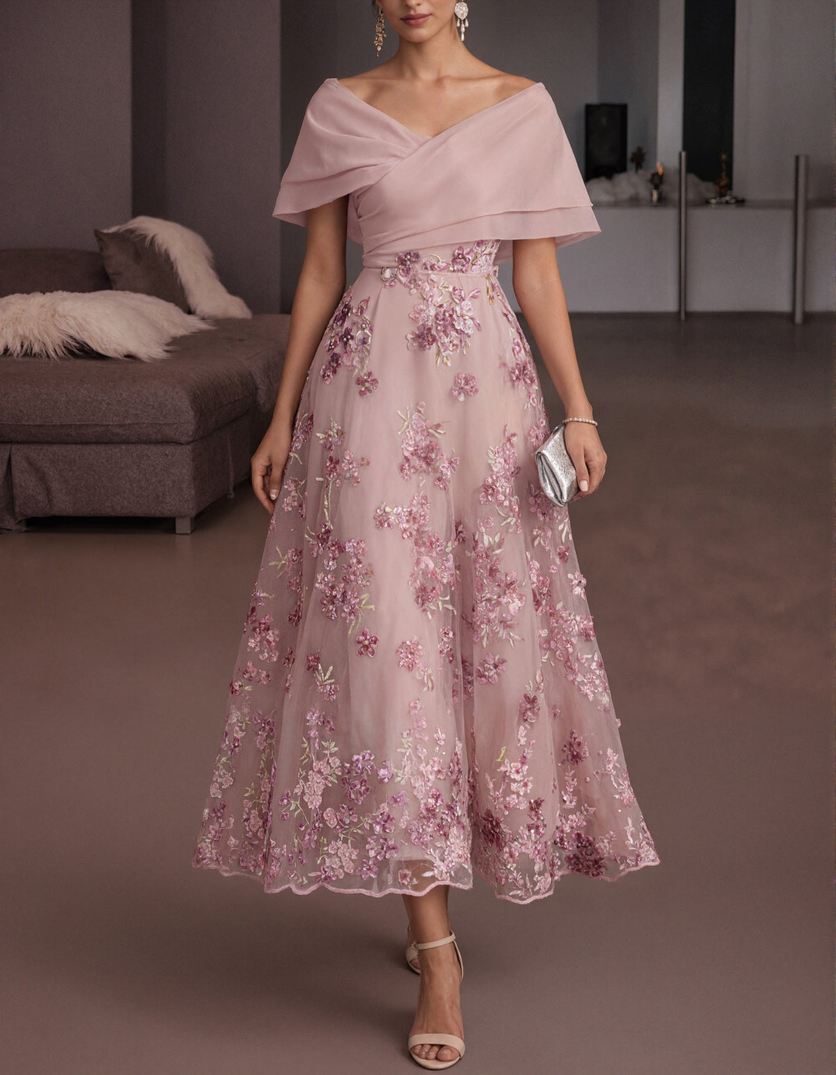 Vestido largo rosa de hombros descubiertos