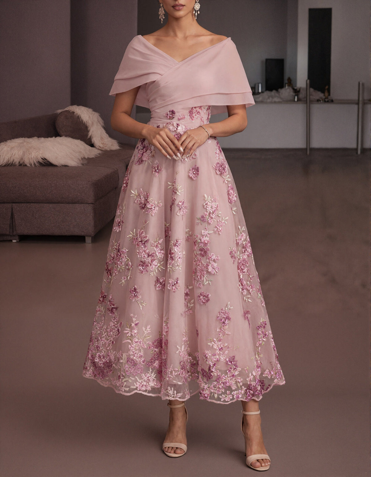 Vestido largo rosa de hombros descubiertos