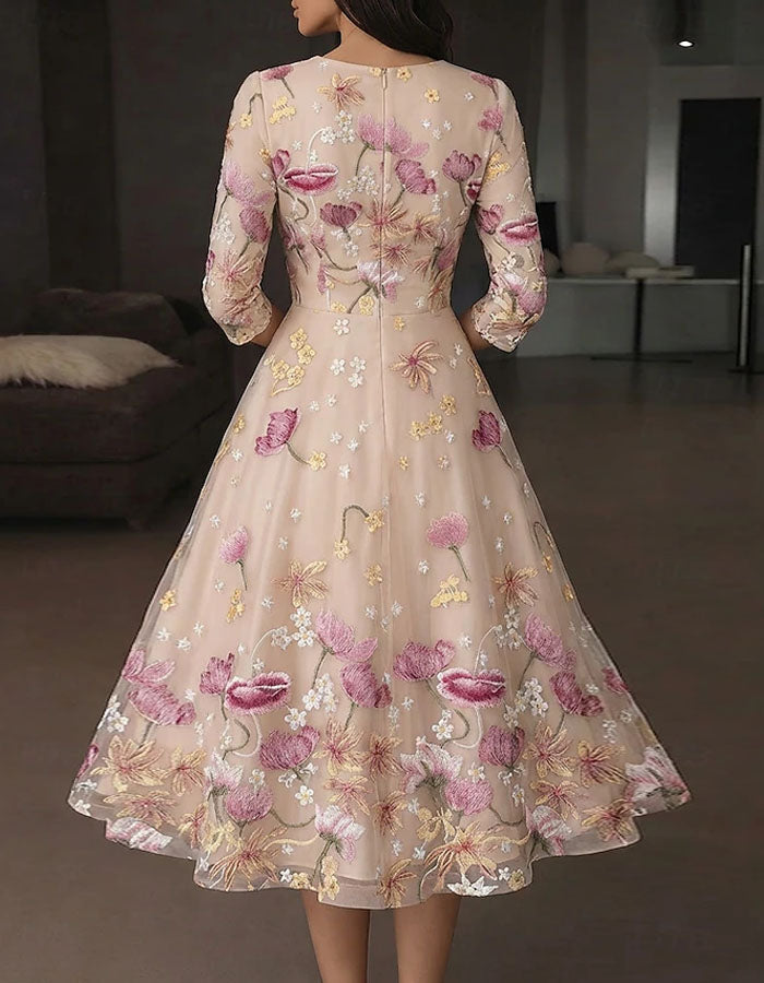 Vestido midi escote en V con bordado floral
