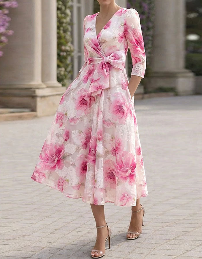 Vestido midi cruzado de flores acuareladas rosa