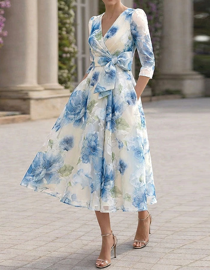 Vestido midi cruzado de flores acuareladas rosa