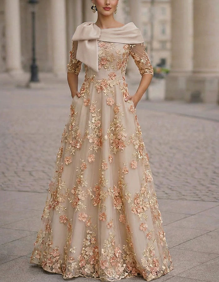 Vestido largo con bordado floral 3D