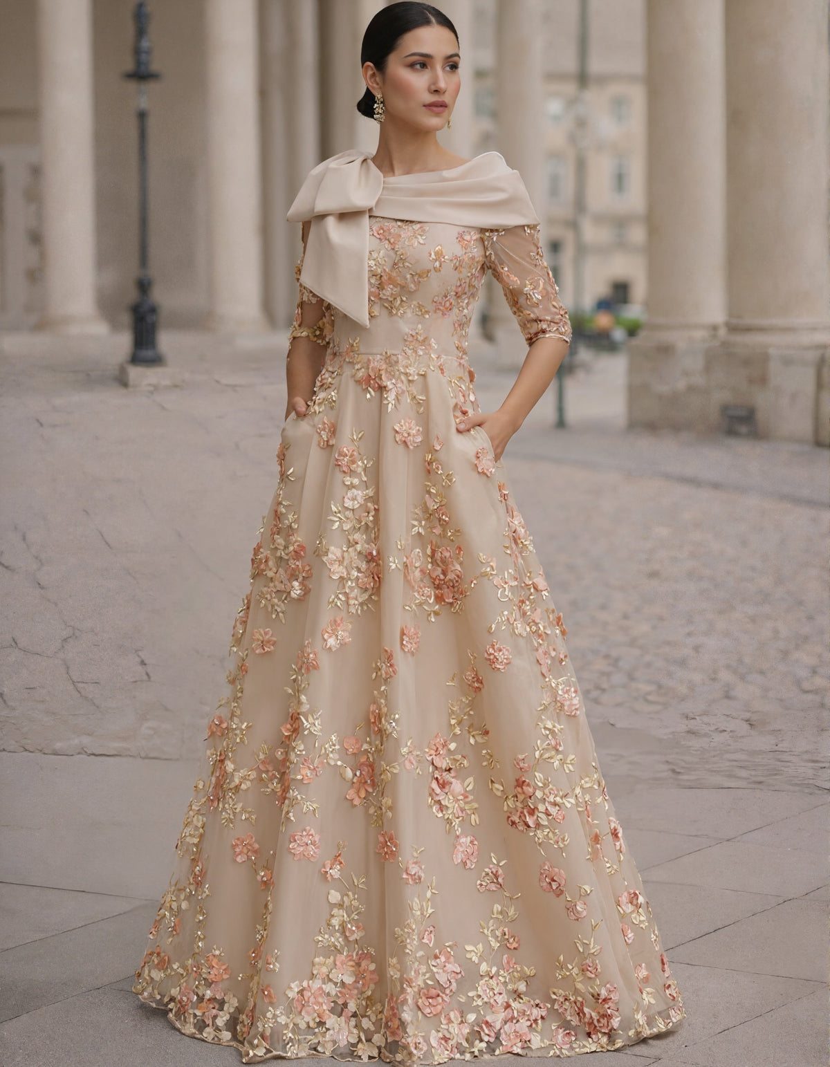 Vestido largo con bordado floral 3D