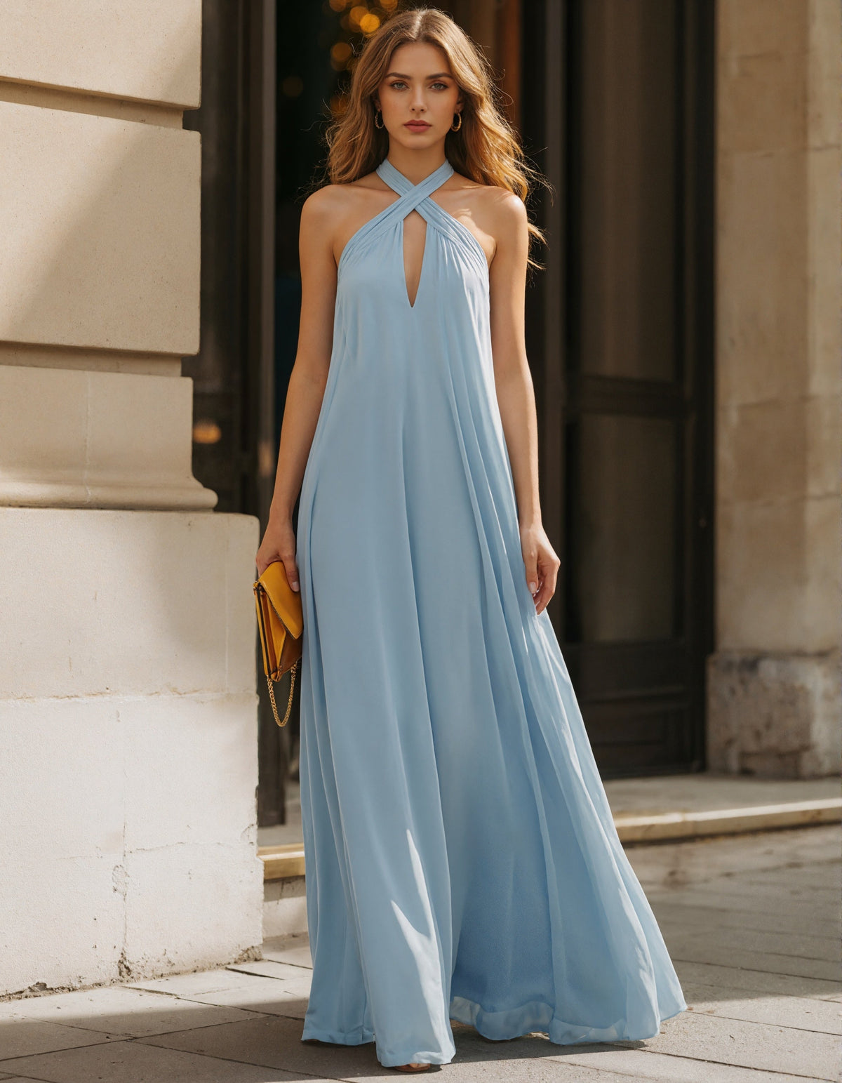 Vestido largo de gasa azul cielo
