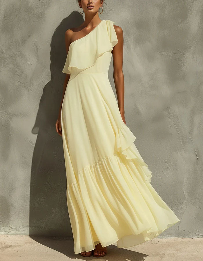 Vestido largo amarillo claro de un hombro