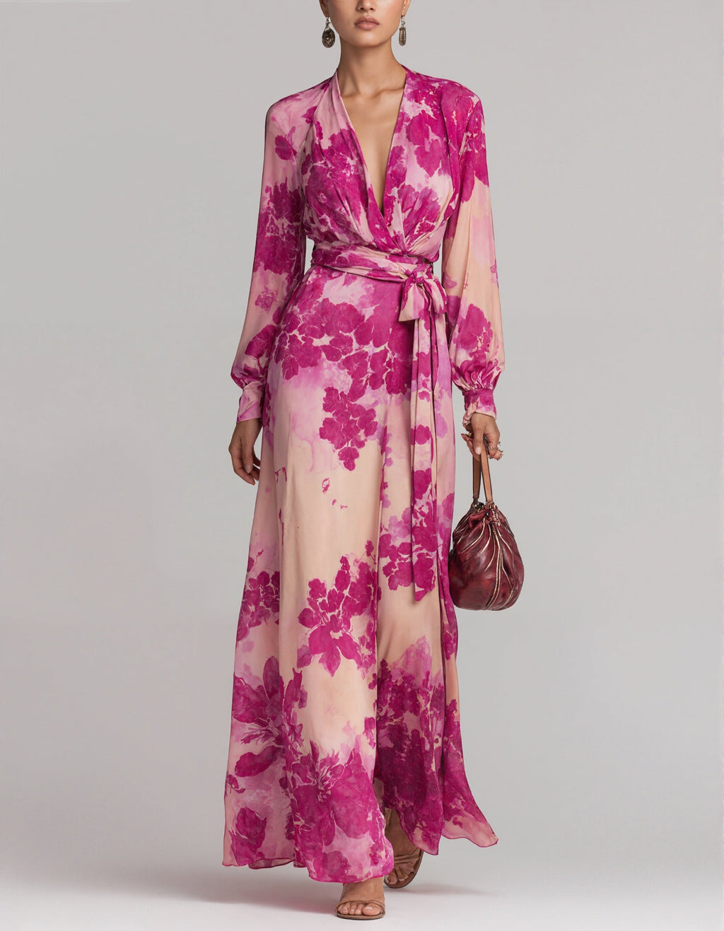 Vestido largo de gasa floral rosa