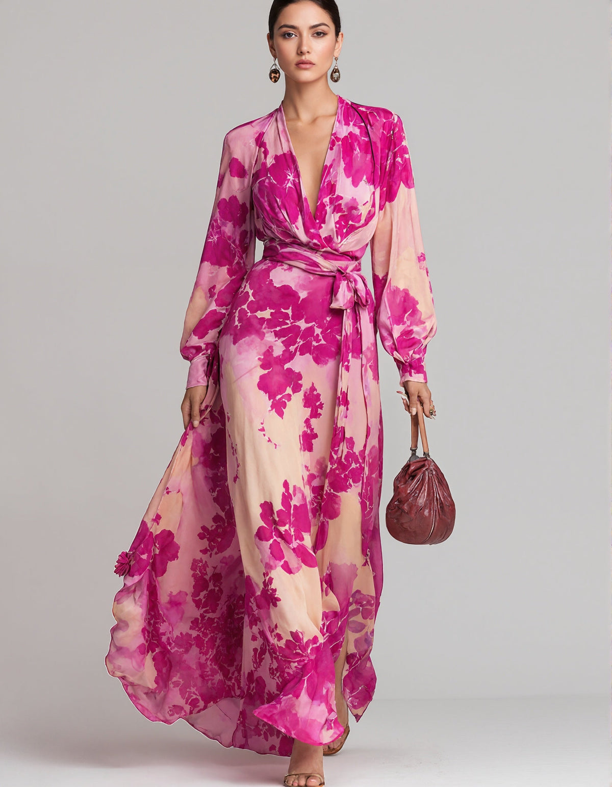 Vestido largo de gasa floral rosa