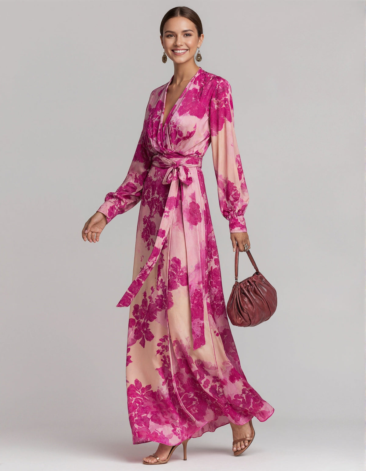 Vestido largo de gasa floral rosa