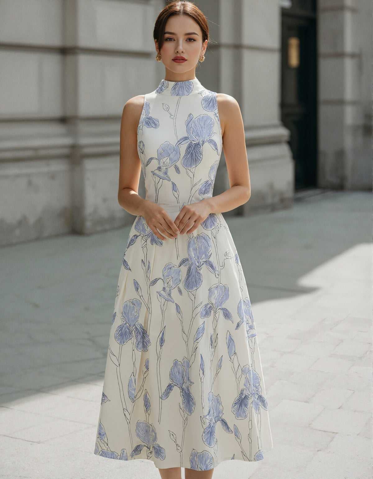 Vestido midi crudo con estampado de iris