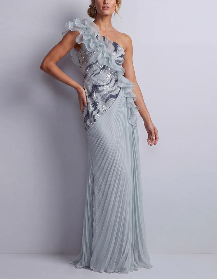 Vestido largo asimétrico azul grisáceo