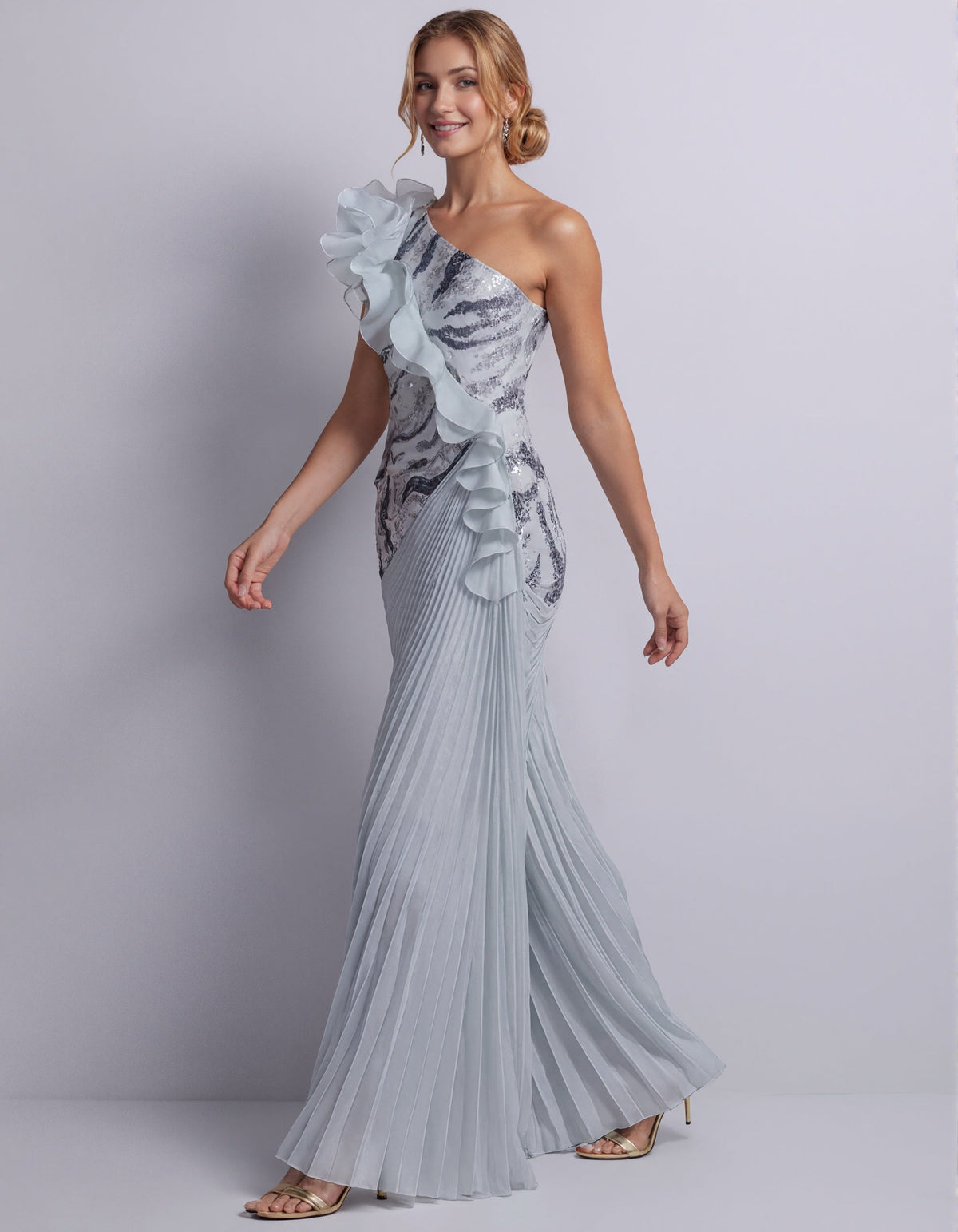 Vestido largo asimétrico azul grisáceo