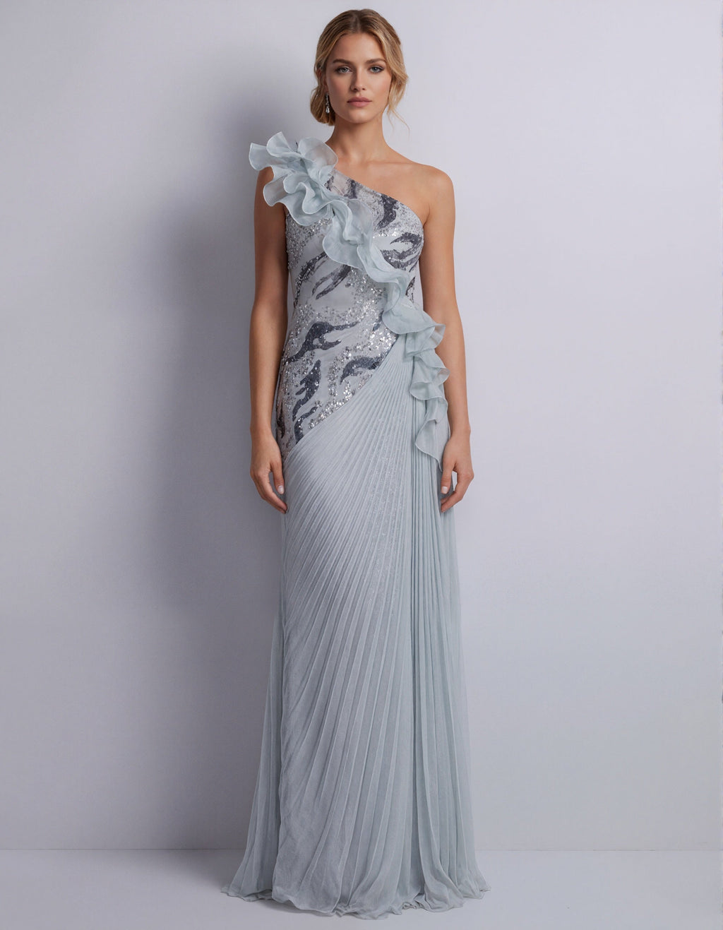 Vestido largo asimétrico azul grisáceo