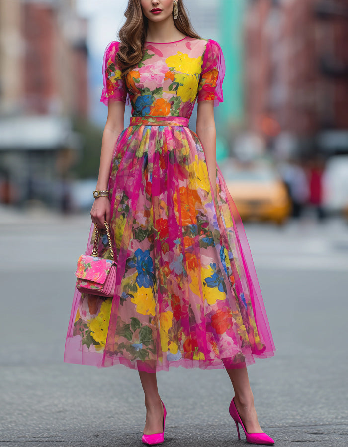 Vestido midi de tul con estampado floral acuarela