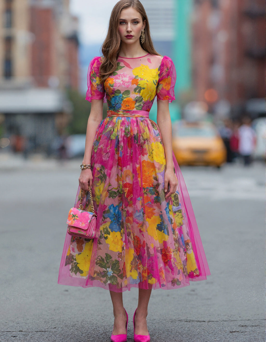 Vestido midi de tul con estampado floral acuarela