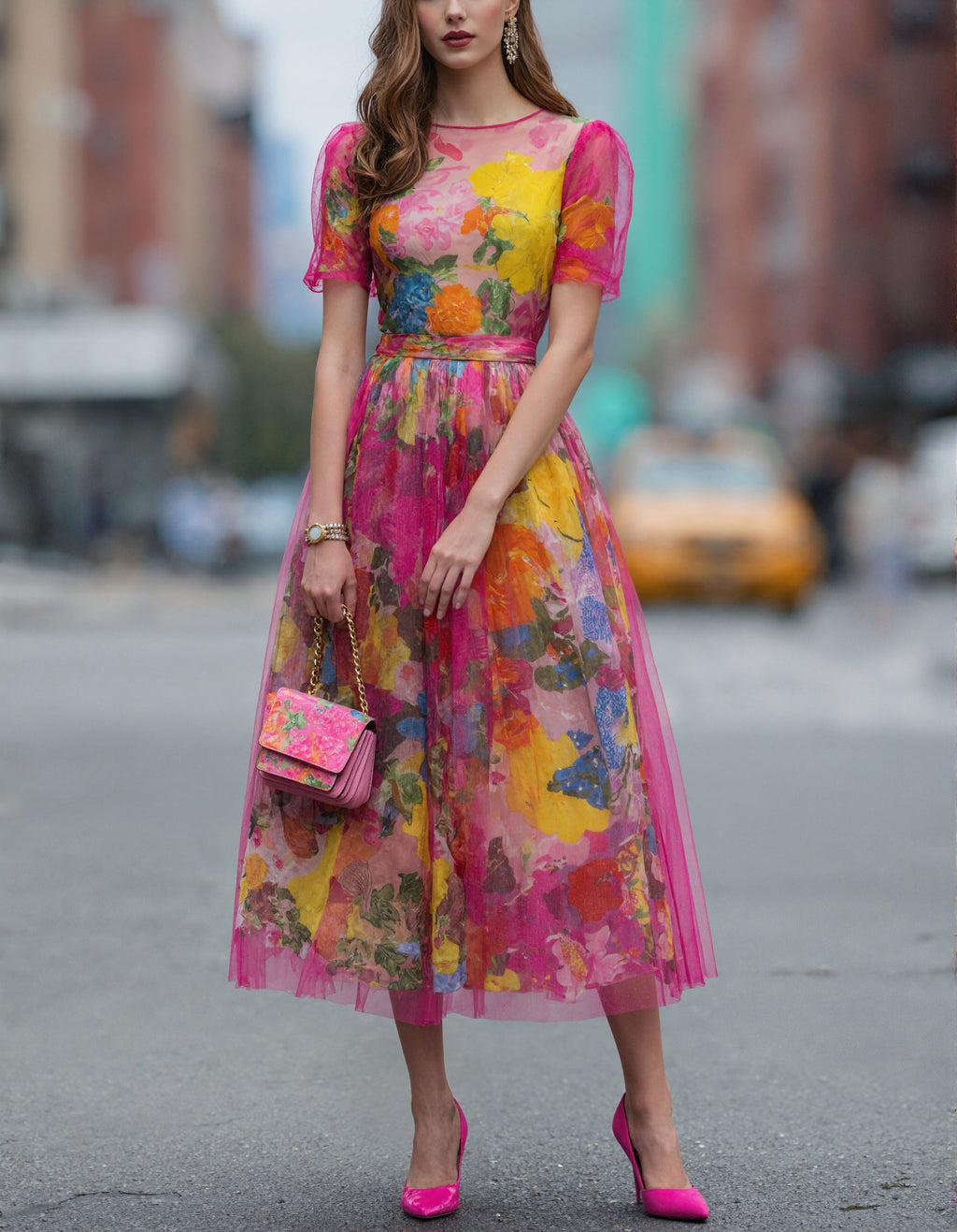 Vestido midi de tul con estampado floral acuarela