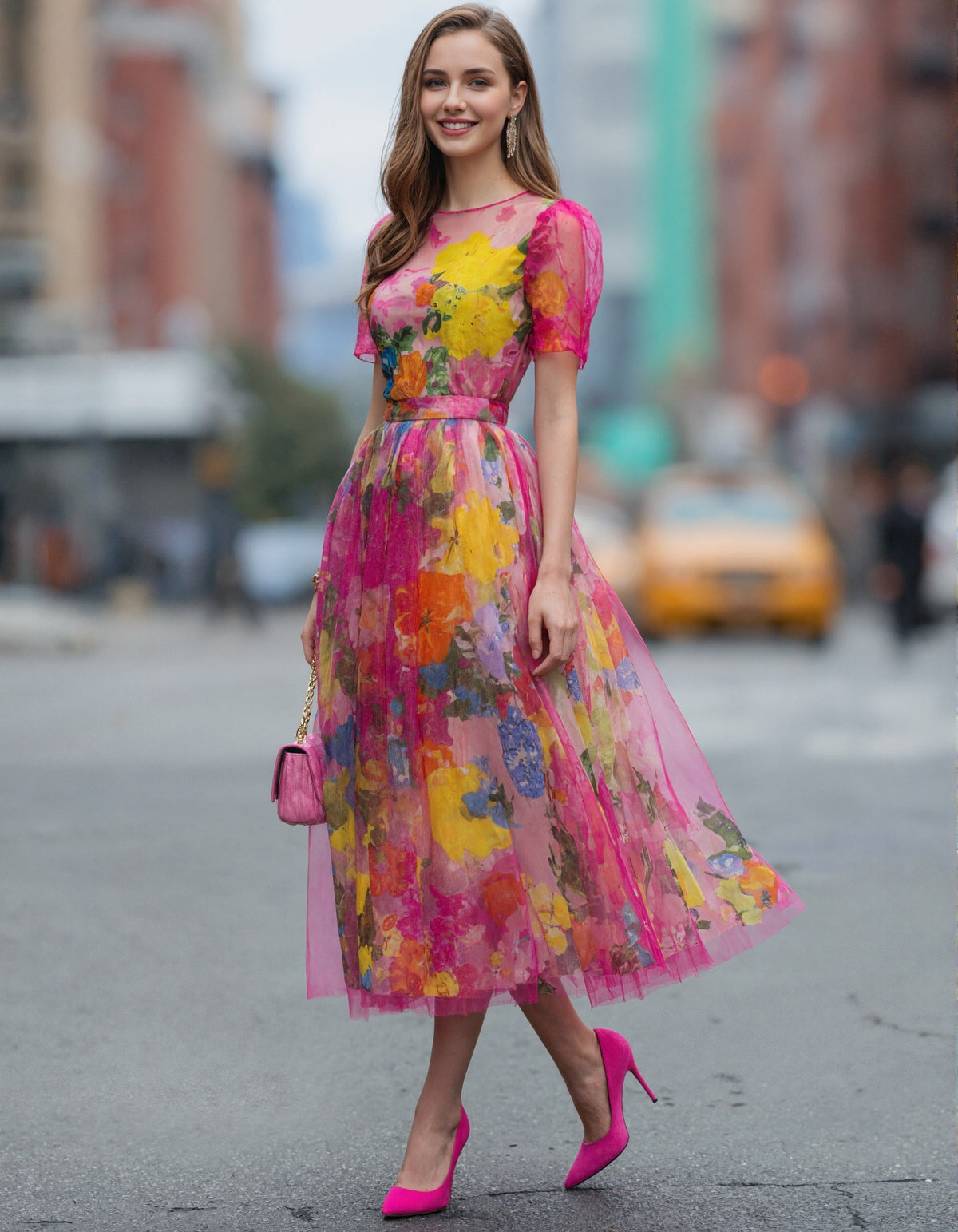 Vestido midi de tul con estampado floral acuarela