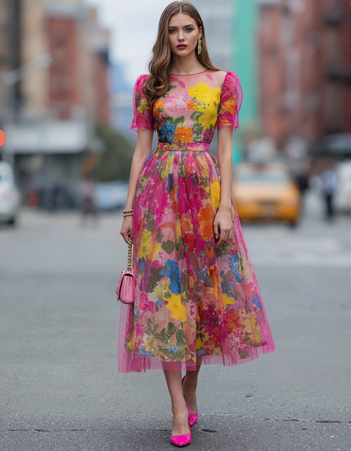 Vestido midi de tul con estampado floral acuarela