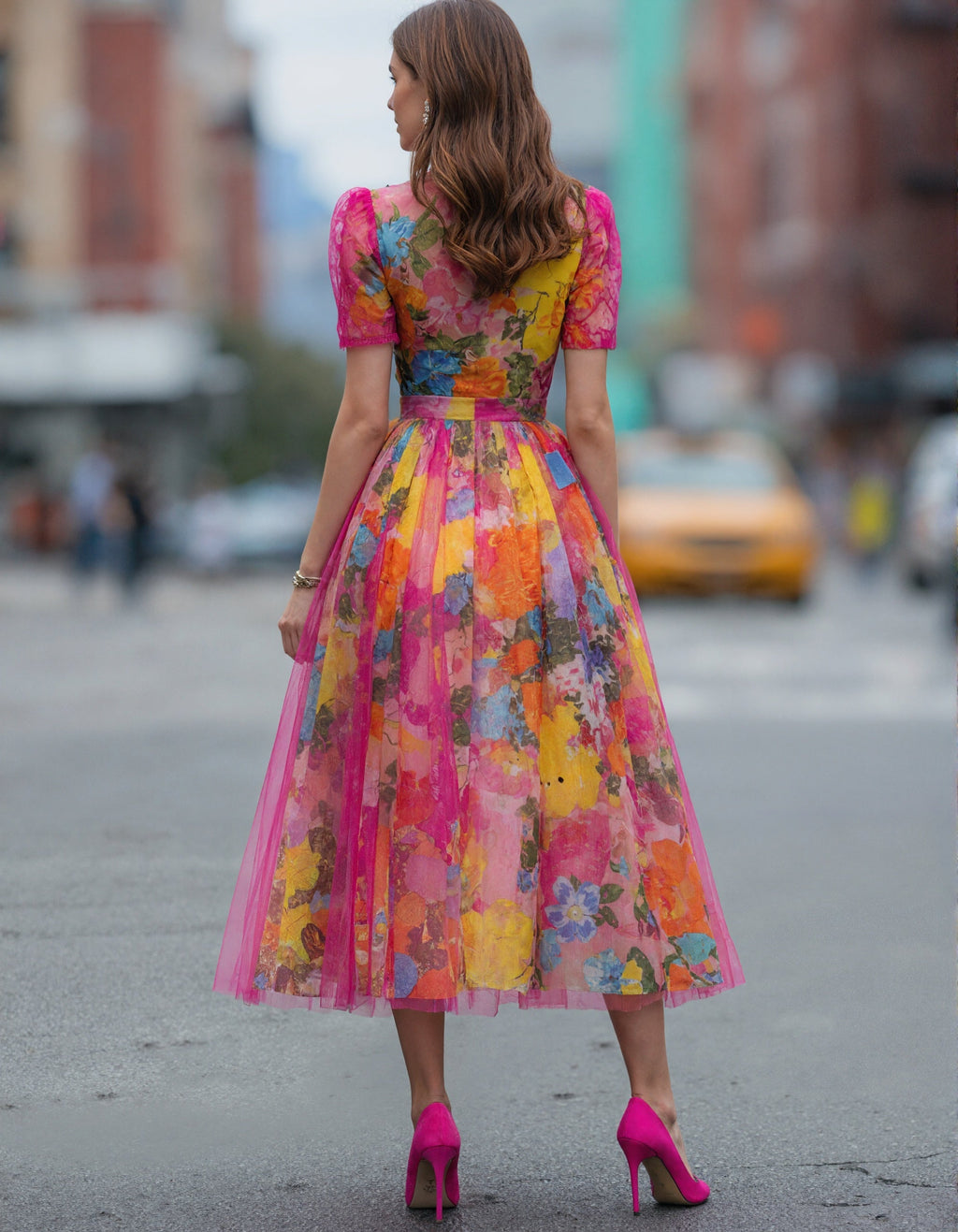 Vestido midi de tul con estampado floral acuarela