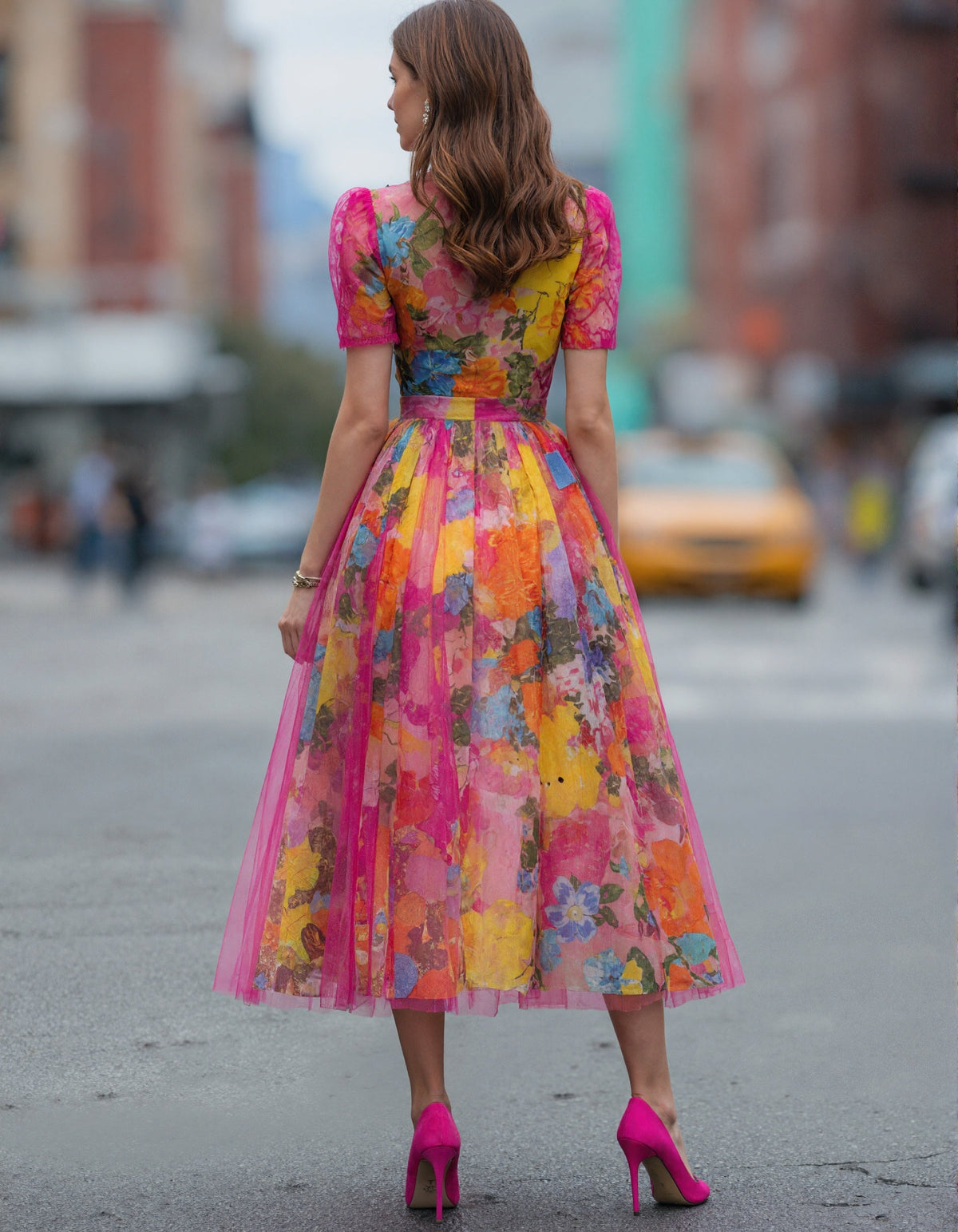 Vestido midi de tul con estampado floral acuarela