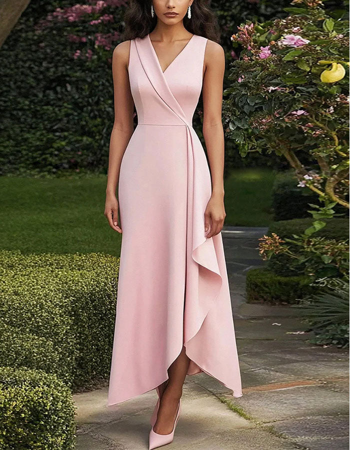 Vestido largo rosa palo con escote cruzado
