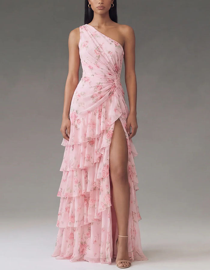 Vestido largo de chifón floral rosa