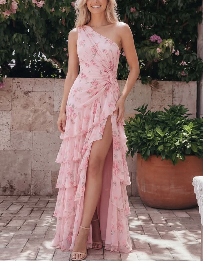 Vestido largo de chifón floral rosa