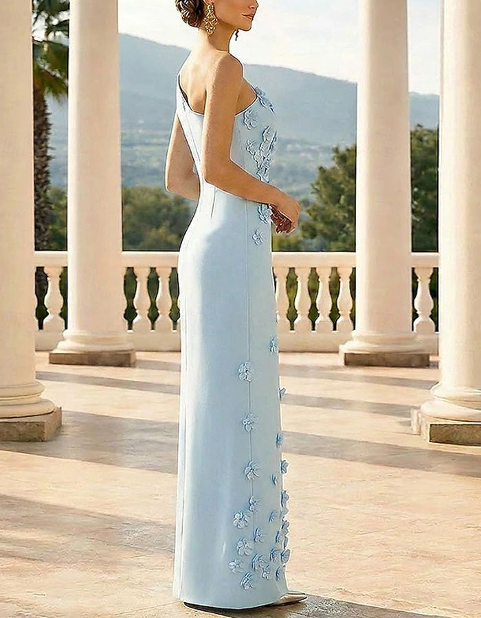 Vestido largo azul claro asimétrico con flores 3D